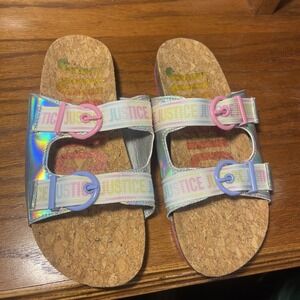 Justice Womens/Girls 5 Slip-On Footbed Sandals Slides Silver  Cork Buckle Logo